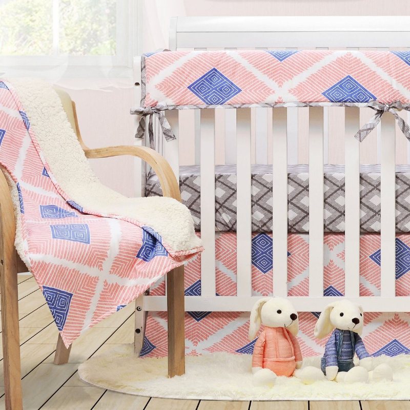 Rutig Spjälsäng Sängkläder Boho Set Med Stötfångare Rosa Blå Grå Baby Flickor Pojkar Barnkammare 100 % Bomull