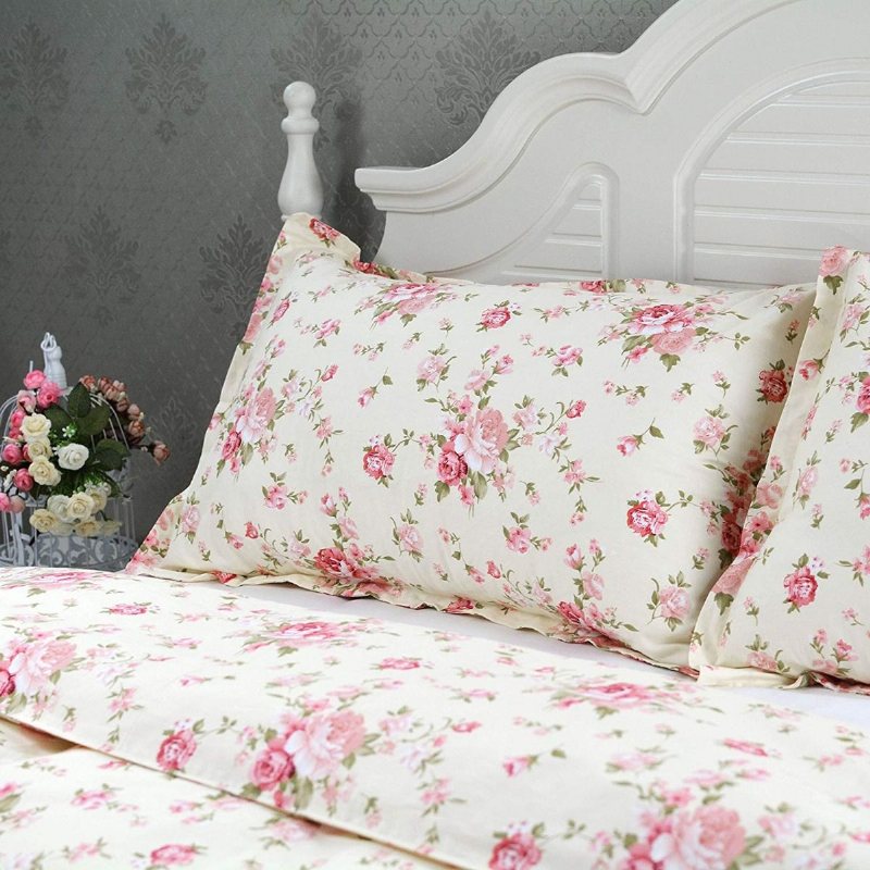 Shabby Blommig Säng Kuddfodral 100 % Bomull Standardstorlek Set Med 2 Dekorativa Eleganta 20 X 27 Tum