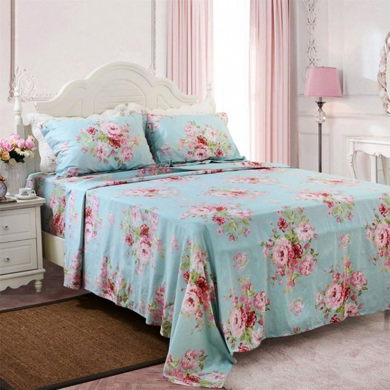 Shabby Floral Lakan Set Farmhouse Sängkläder 100% Bomull Set Deep Pocket Fitted Set 4-delad