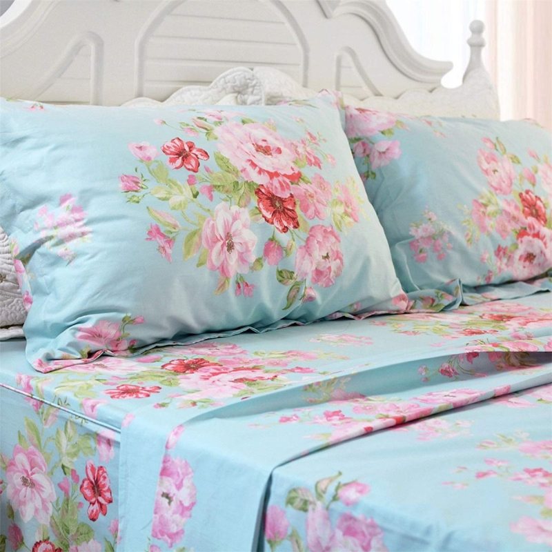 Shabby Floral Lakan Set Farmhouse Sängkläder 100% Bomull Set Deep Pocket Fitted Set 4-delad