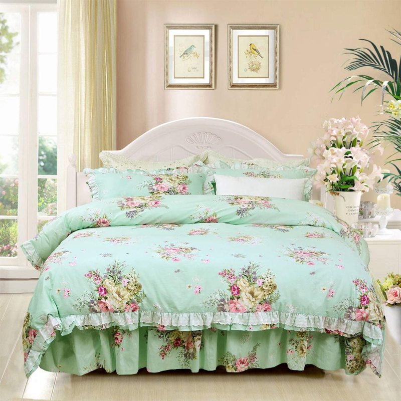 Shabby Green Blommig Sängkläder 100% Bomull Princess Spets Volanger Flickor Påslakan Set Med Sängkjol 4st