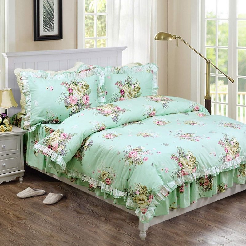 Shabby Green Blommig Sängkläder 100% Bomull Princess Spets Volanger Flickor Påslakan Set Med Sängkjol 4st