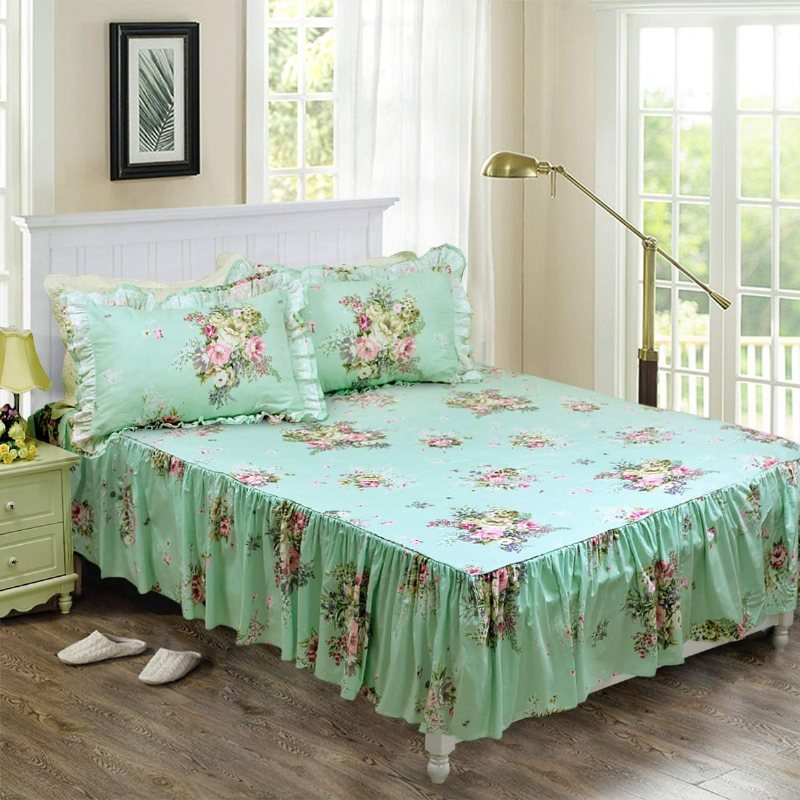 Shabby Green Blommig Sängkläder 100% Bomull Princess Spets Volanger Flickor Påslakan Set Med Sängkjol 4st