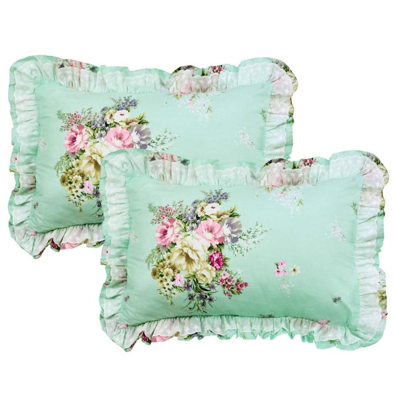 Shabby Green Blommig Sängkläder 100% Bomull Princess Spets Volanger Flickor Påslakan Set Med Sängkjol 4st