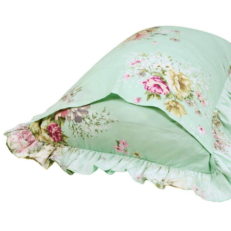 Shabby Green Blommig Sängkläder 100% Bomull Princess Spets Volanger Flickor Påslakan Set Med Sängkjol 4st