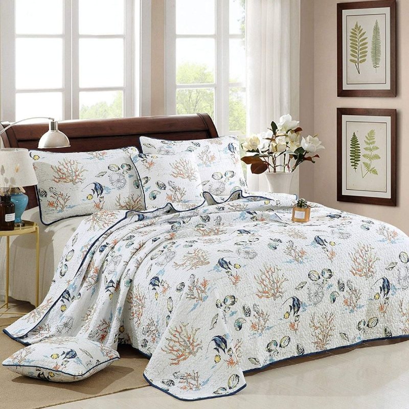 Snäckskal Coral Print Sängkläder Set Strandtema Quilt Set Bomull Nautical Queen Size Täcken Set Sommar