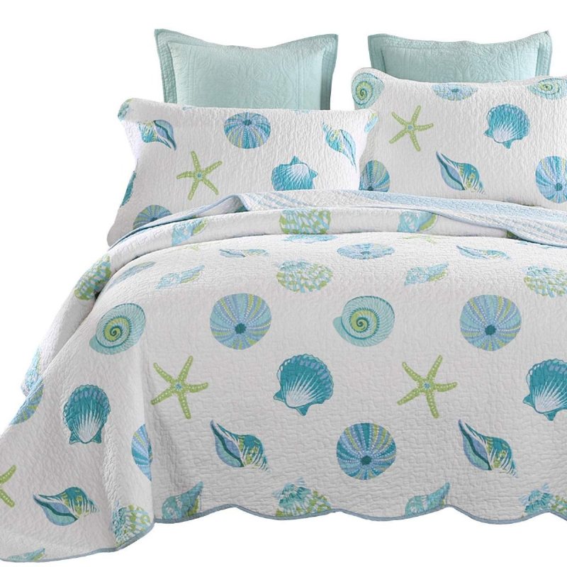 Snäckskal Coral Print Sängkläder Set Strandtema Quilt Set Bomull Nautical Queen Size Täcken Set Sommar