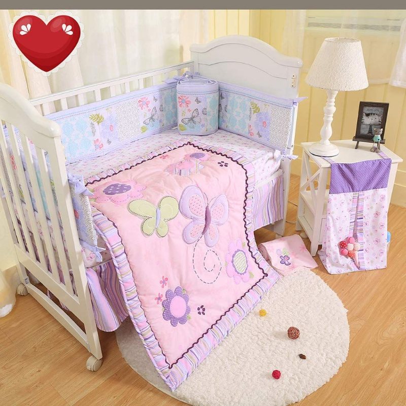 Spjälsängsängsatser För Flickor Med Stötfångare Butterfly Blommig Baby Nursery Sängkläder Rosa & Lila 9 Delar