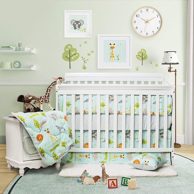 Spjälsängsängset För Pojkar Baby Woodland Spjälsäng Sängkläder Elefanter Zebra Giraffe Lion Tryckt 100 % Egyptisk Bomull Hypoallergenic