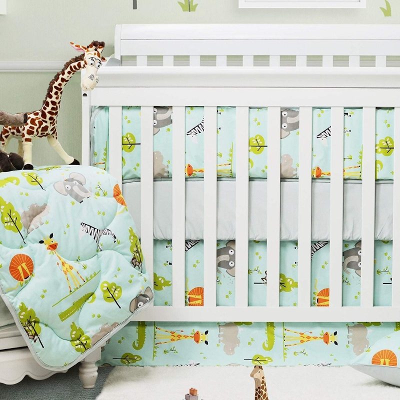 Spjälsängsängset För Pojkar Baby Woodland Spjälsäng Sängkläder Elefanter Zebra Giraffe Lion Tryckt 100 % Egyptisk Bomull Hypoallergenic