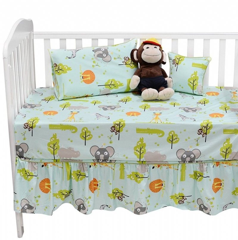 Spjälsängsängset För Pojkar Baby Woodland Spjälsäng Sängkläder Elefanter Zebra Giraffe Lion Tryckt 100 % Egyptisk Bomull Hypoallergenic