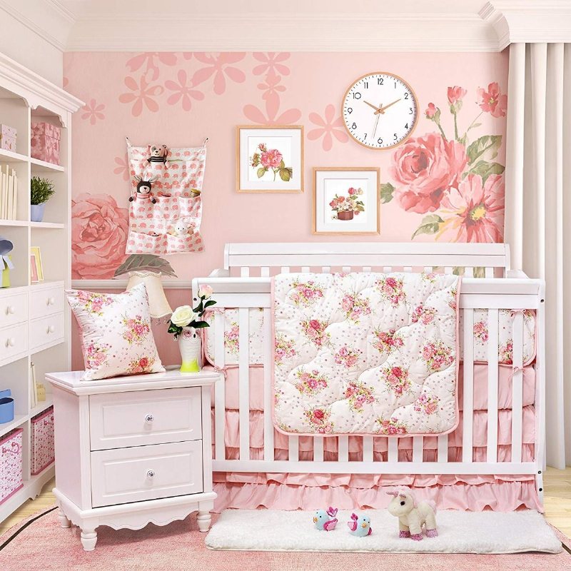 Spjälsängsset För Flickor Blush Blommor Babysängkläder Lyxiga Princess Nursery Sängkläder 100 % Egyptisk Bomull