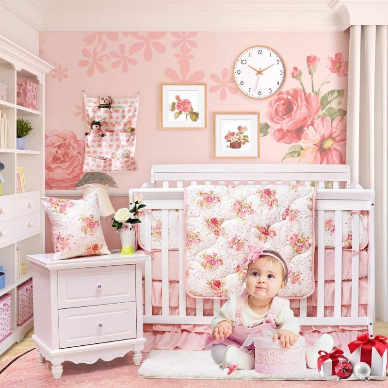 Spjälsängsset För Flickor Blush Blommor Babysängkläder Lyxiga Princess Nursery Sängkläder 100 % Egyptisk Bomull