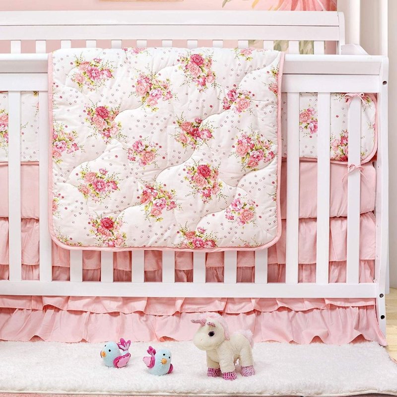 Spjälsängsset För Flickor Blush Blommor Babysängkläder Lyxiga Princess Nursery Sängkläder 100 % Egyptisk Bomull