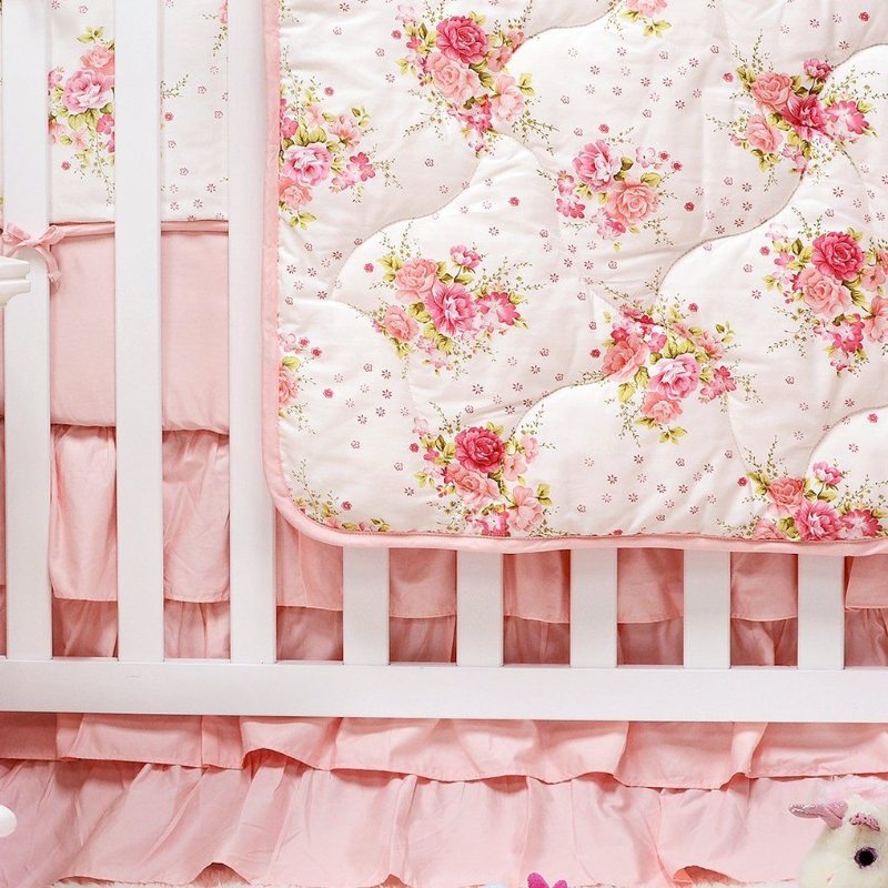 Spjälsängsset För Flickor Blush Blommor Babysängkläder Lyxiga Princess Nursery Sängkläder 100 % Egyptisk Bomull