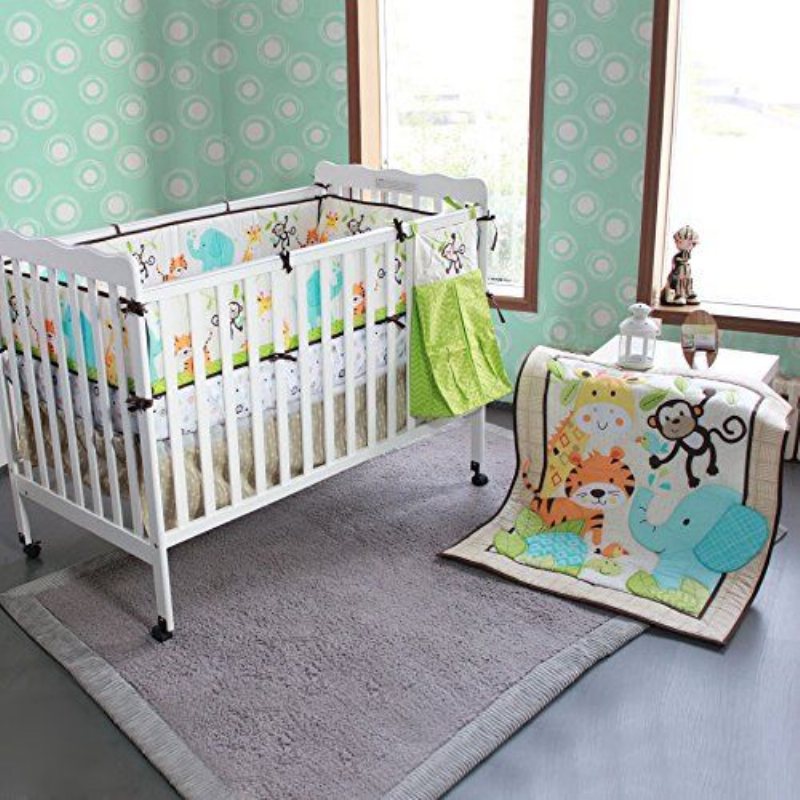 Spjälsängsset För Pojkar Med Stötfångare Nursery Jungle Baby Sängkläder Spjälsäng Set Elephant Monkey 9st Unisex