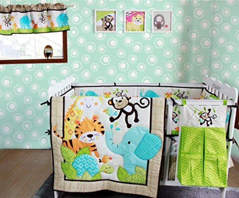 Spjälsängsset För Pojkar Med Stötfångare Nursery Jungle Baby Sängkläder Spjälsäng Set Elephant Monkey 9st Unisex