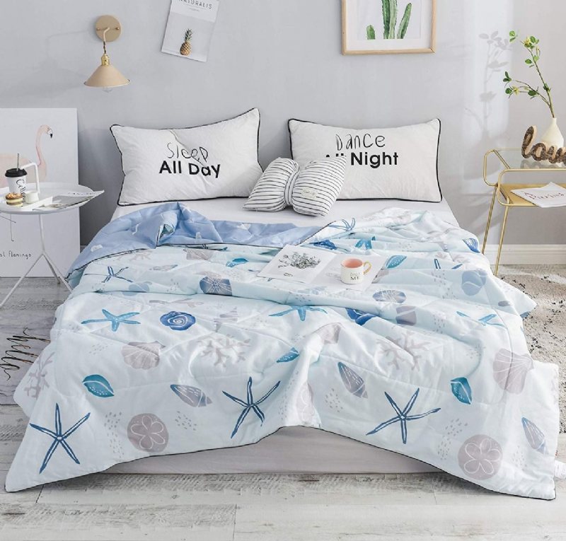 Summer Quilt Nautical Coastal Thin Lätt Täcke Ljusblå 100% Bomull Super Mjuk Vändbar 1 Styck