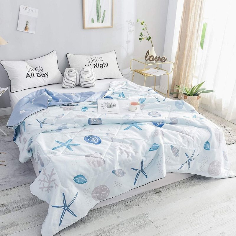 Summer Quilt Nautical Coastal Thin Lätt Täcke Ljusblå 100% Bomull Super Mjuk Vändbar 1 Styck