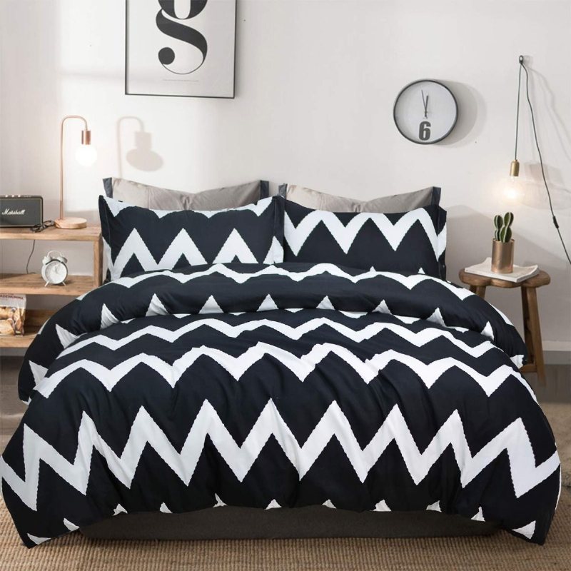 Svart Och Vitt Chevron-bäddset Queen Geometric Påslakanset Med Dragkedja (1 Påslakan + 2 Örngott)