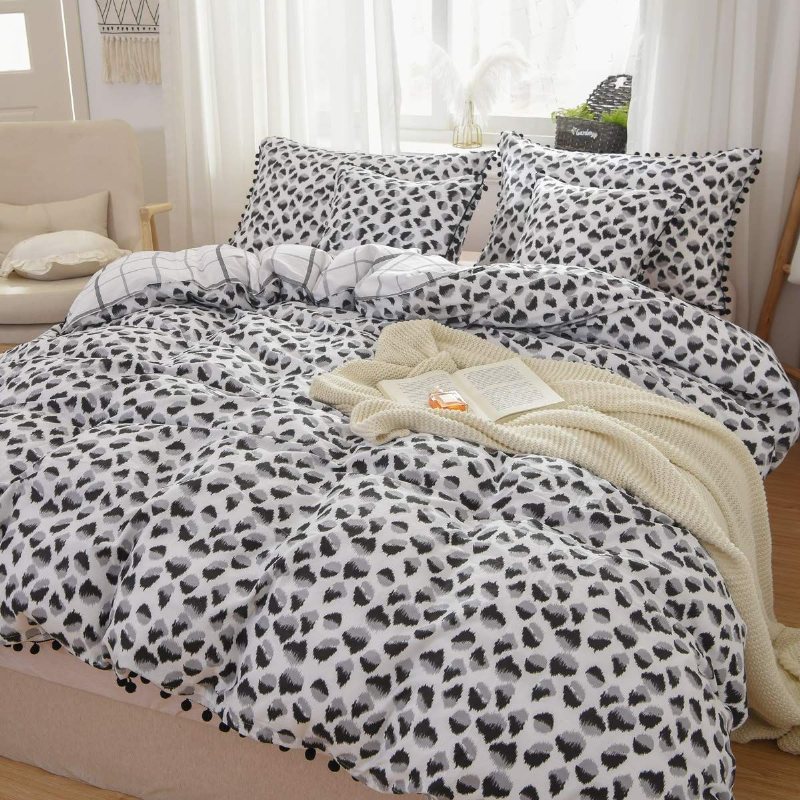 Svart Och Vitt Leopard Påslakan Set 3 Styck Pom-fringe Modern Sängkläder Set 100 % Ren Bomull Pojkar Tonåringar Flickor Barn