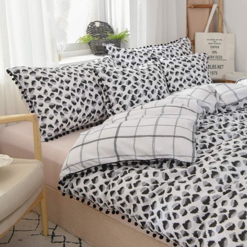 Svart Och Vitt Leopard Påslakan Set 3 Styck Pom-fringe Modern Sängkläder Set 100 % Ren Bomull Pojkar Tonåringar Flickor Barn