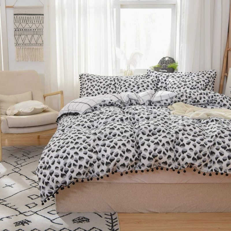 Svart Och Vitt Leopard Påslakan Set 3 Styck Pom-fringe Modern Sängkläder Set 100 % Ren Bomull Pojkar Tonåringar Flickor Barn