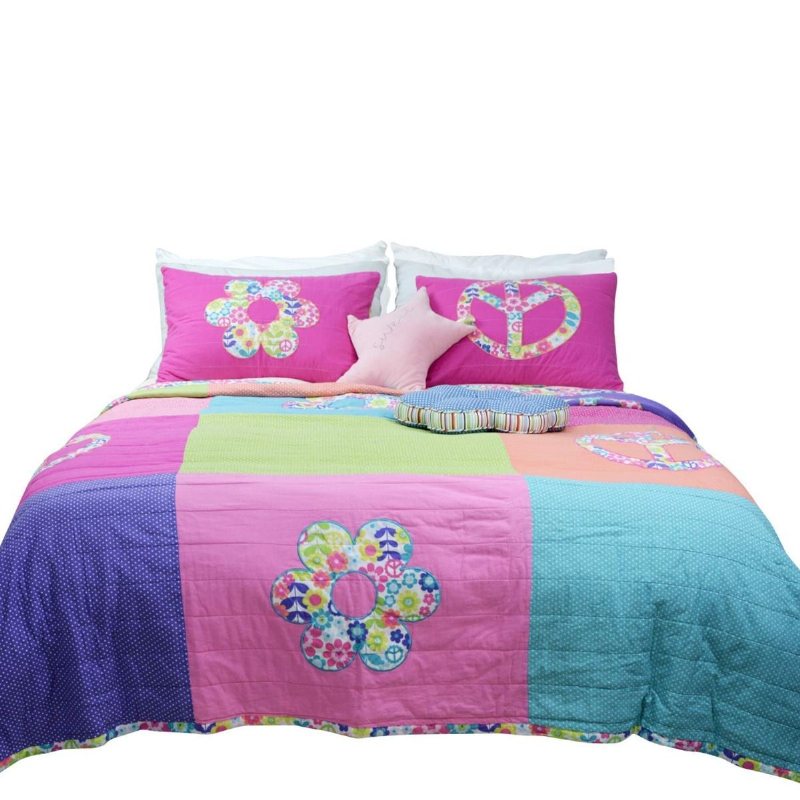 Täckenset För Tjejer I Full Storlek Peace Sign Sängkläder Set Pastell Patchwork Quilt Set 100 % Bomull 3-delad