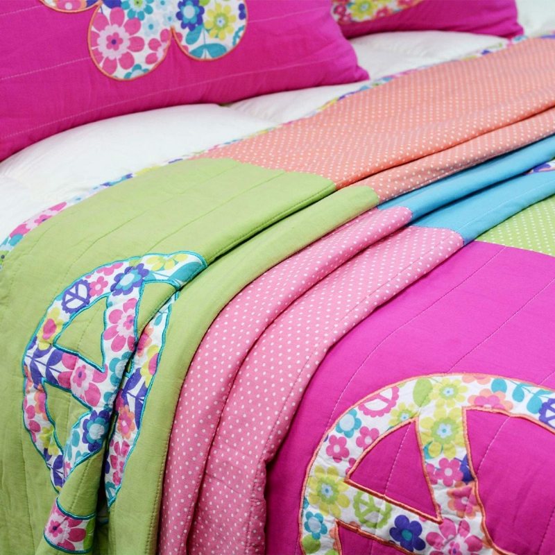 Täckenset För Tjejer I Full Storlek Peace Sign Sängkläder Set Pastell Patchwork Quilt Set 100 % Bomull 3-delad