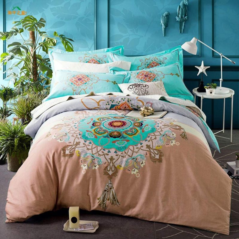 Teal Shabby Floral Girls Påslakan Set Bohemian Sängkläder