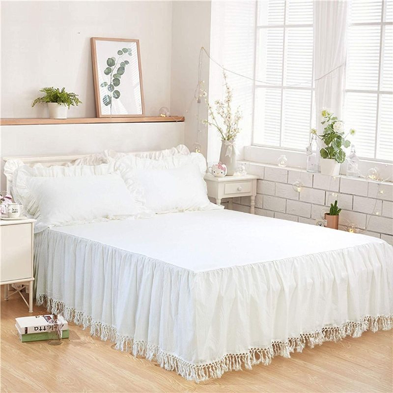 Tofs Ruffle Bed Kjol 100 % Tvättad Bomull Fast Vit Bohemian Boho Sängkläder