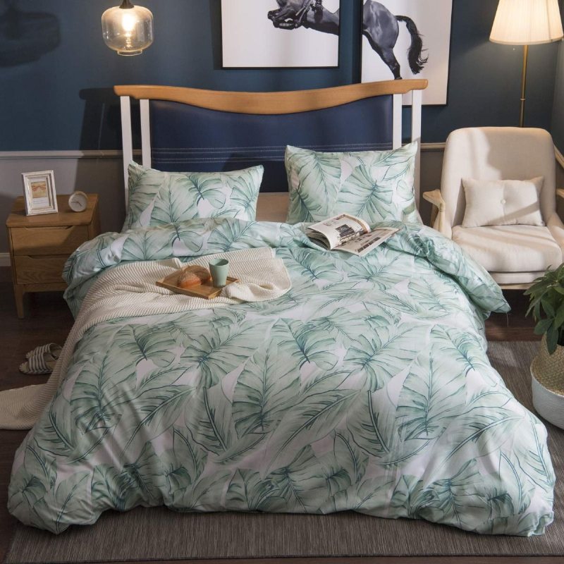 Tropical Sängkläder Set Gröna Palmblad Påslakan Kuddar Shams Fodral 1800 Trådantal Mikrofiber Sänglinne