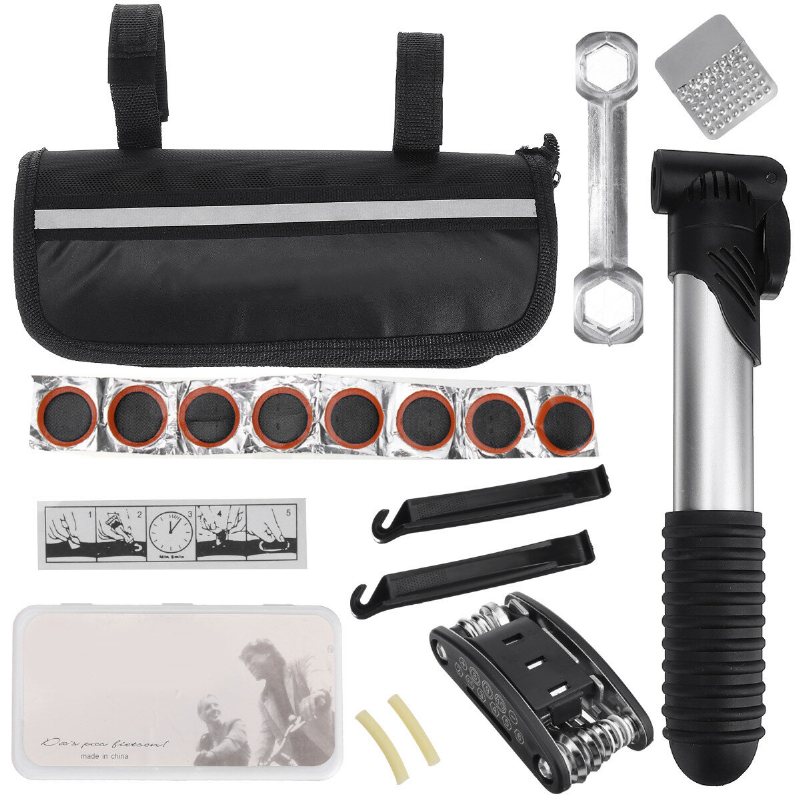 12st/set Cykel Mtb Reparation Patch Tool Kit Inner Tube Däck Cykelpump + Insexnyckel + Kofot