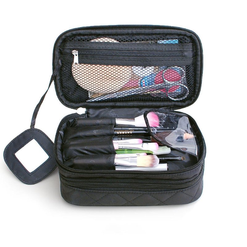 Dubbellager Nylon Dames Kosmetikaväska Vattentät Make Up Handväska Verktyg Organizer Pouch Tvätt Toalett