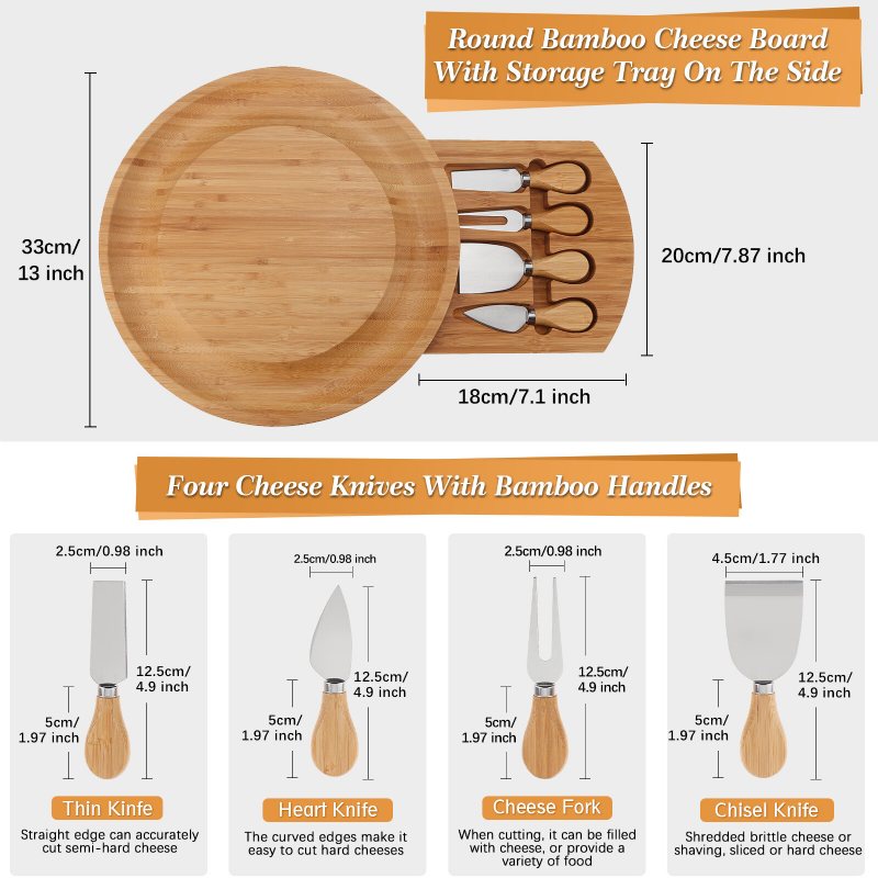 Ostskärbräda Och Serveringsfat För Ost Bambubricka Och Knivset Ingår 4 Stålkniv Fyrdelad Osttallrik För Att Underhålla Kött Vin Och Ost