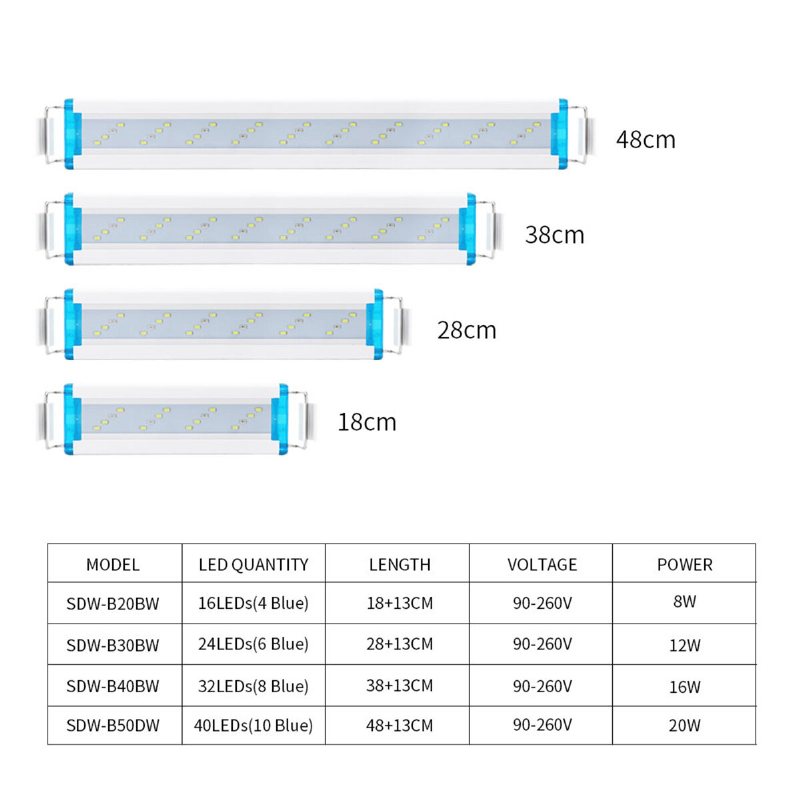 18-48 cm Akvariumlampa Aquarium Led-belysning Med Förlängningsbara Fästen Vita Och Blå Lysdioder Passar För Akvarium