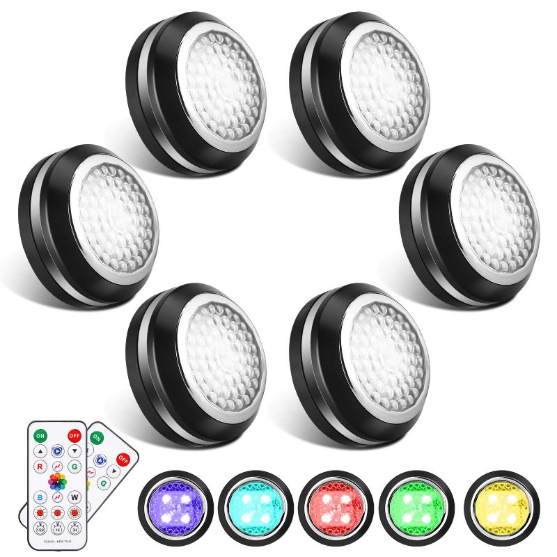 Elfeland 6pcs Dc 4.5v Rgb 3800-4000k 4 Lägen Touch Round Cabinet Light Med 2pcs Fjärrkontroll För Sovrummet