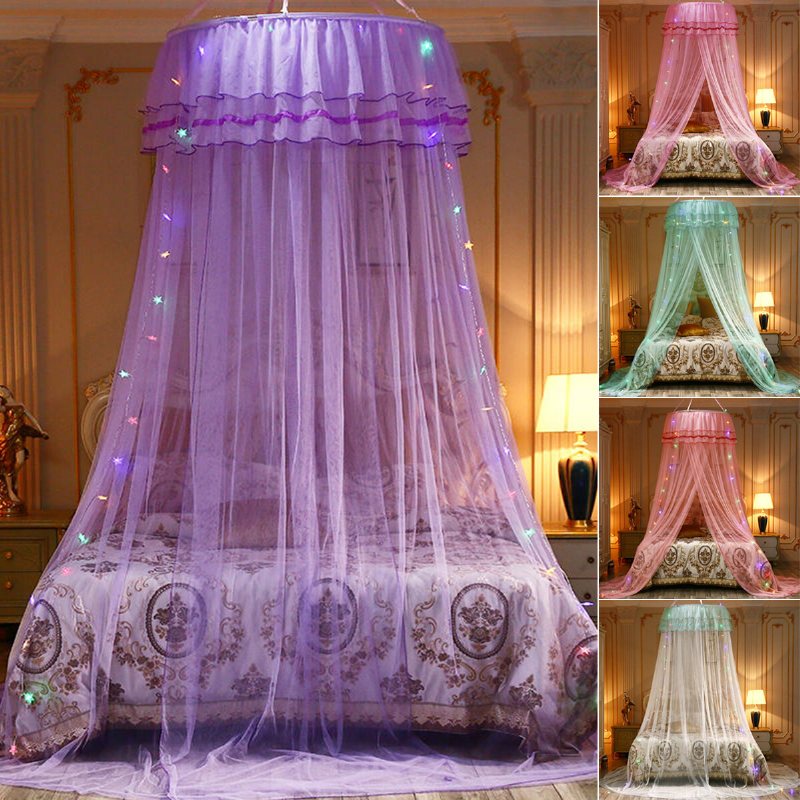 Myggnät Sängkläder Spets Led-ljus Princess Dome Mesh Bed Canopy Sovrumsinredning