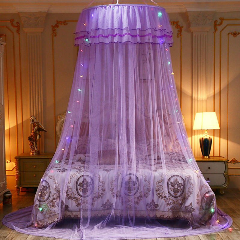 Myggnät Sängkläder Spets Led-ljus Princess Dome Mesh Bed Canopy Sovrumsinredning