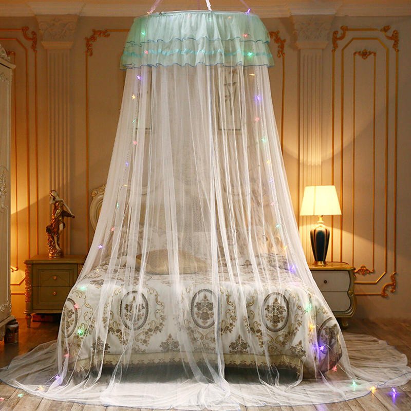 Myggnät Sängkläder Spets Led-ljus Princess Dome Mesh Bed Canopy Sovrumsinredning