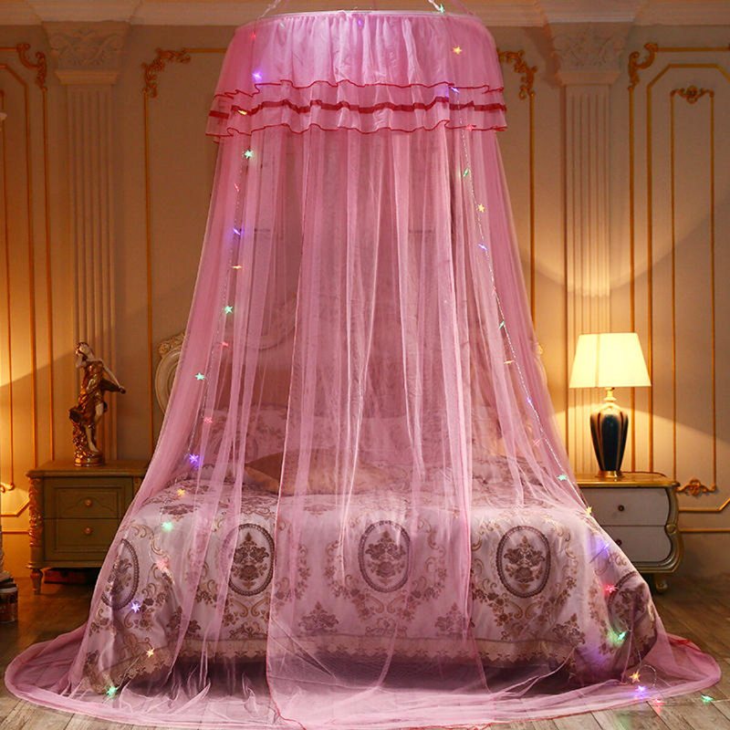 Myggnät Sängkläder Spets Led-ljus Princess Dome Mesh Bed Canopy Sovrumsinredning