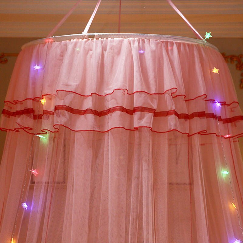 Myggnät Sängkläder Spets Led-ljus Princess Dome Mesh Bed Canopy Sovrumsinredning