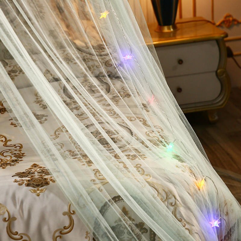 Myggnät Sängkläder Spets Led-ljus Princess Dome Mesh Bed Canopy Sovrumsinredning