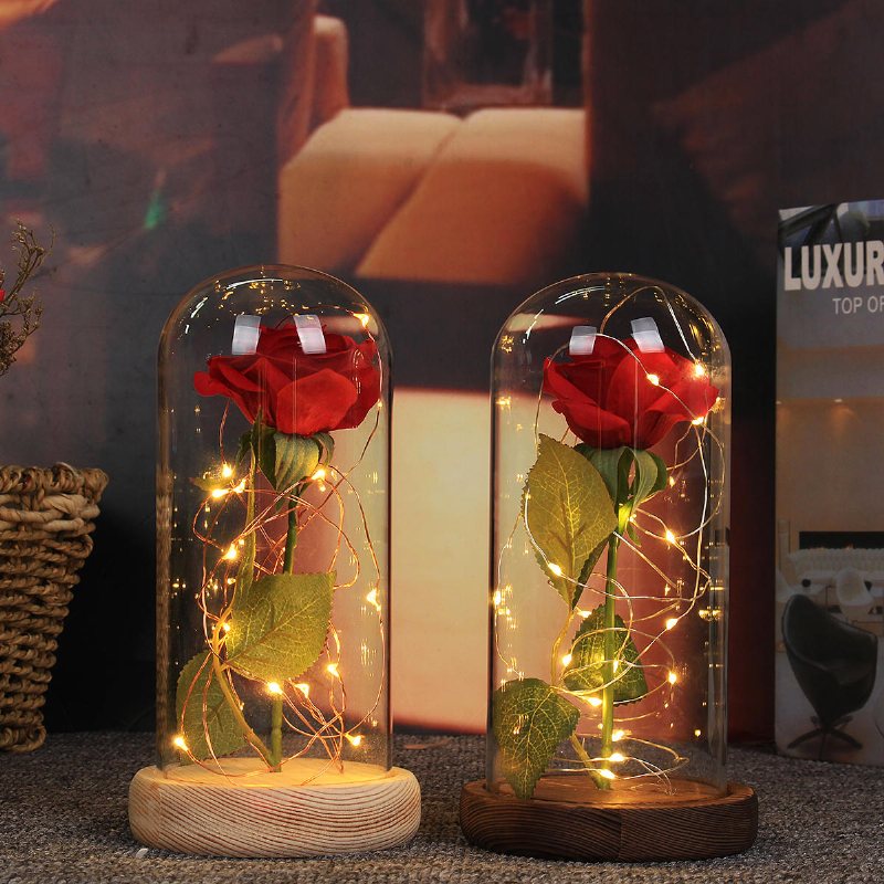 Röd Ros Ljus Dekorationer Skönhet Förtrollad Bevarad Röd Fresh Rose Glasskydd Med Led-ljus