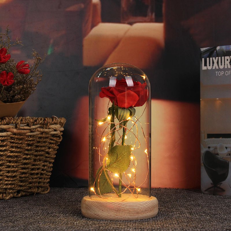 Röd Ros Ljus Dekorationer Skönhet Förtrollad Bevarad Röd Fresh Rose Glasskydd Med Led-ljus