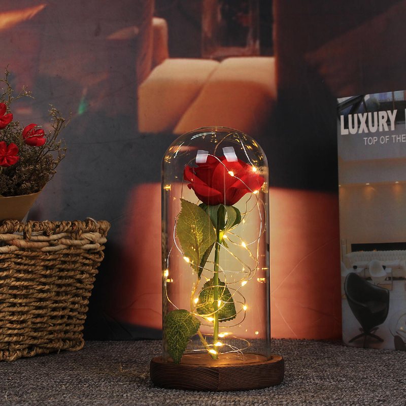 Röd Ros Ljus Dekorationer Skönhet Förtrollad Bevarad Röd Fresh Rose Glasskydd Med Led-ljus