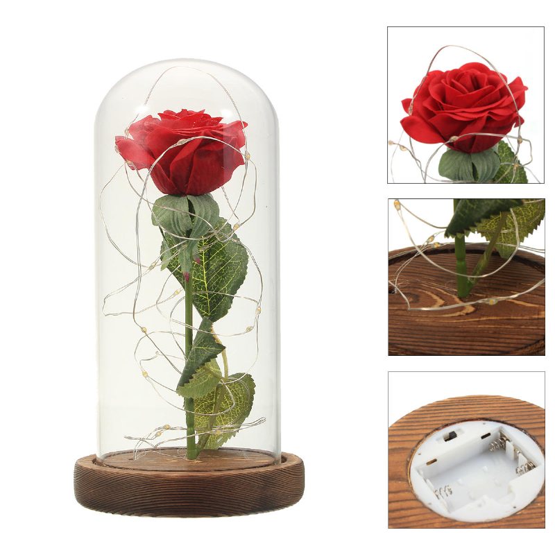 Röd Ros Ljus Dekorationer Skönhet Förtrollad Bevarad Röd Fresh Rose Glasskydd Med Led-ljus