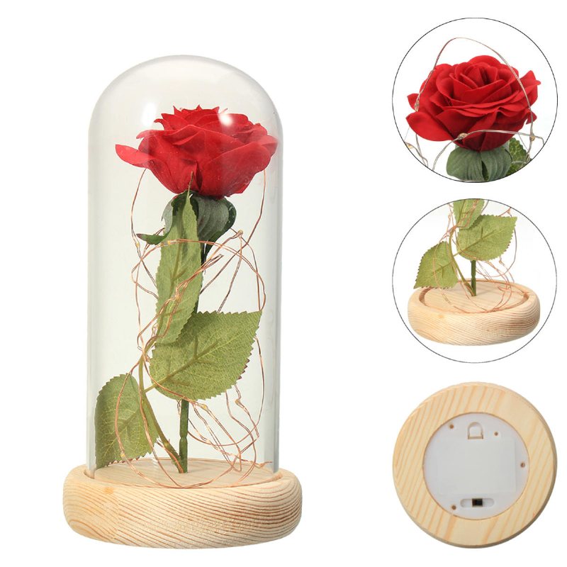 Röd Ros Ljus Dekorationer Skönhet Förtrollad Bevarad Röd Fresh Rose Glasskydd Med Led-ljus