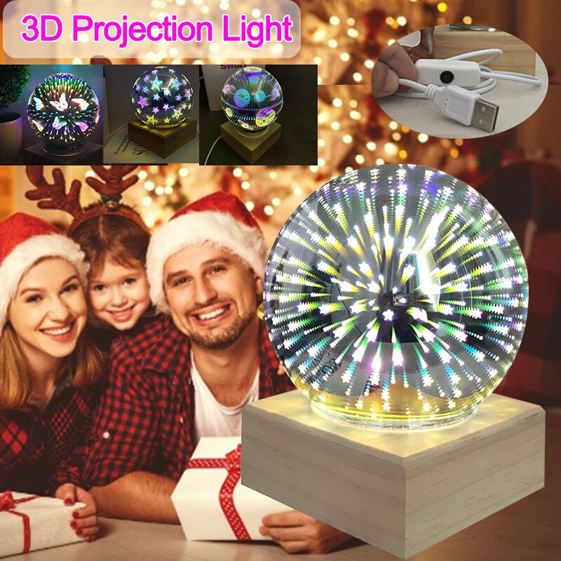 Trä Färgglad 3d Magic Ball Projektionslampa Usb Power Nattljus För Juldekorationer Lights Xmas Gift