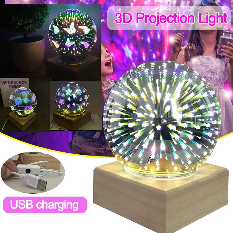 Trä Färgglad 3d Magic Ball Projektionslampa Usb Power Nattljus För Juldekorationer Lights Xmas Gift